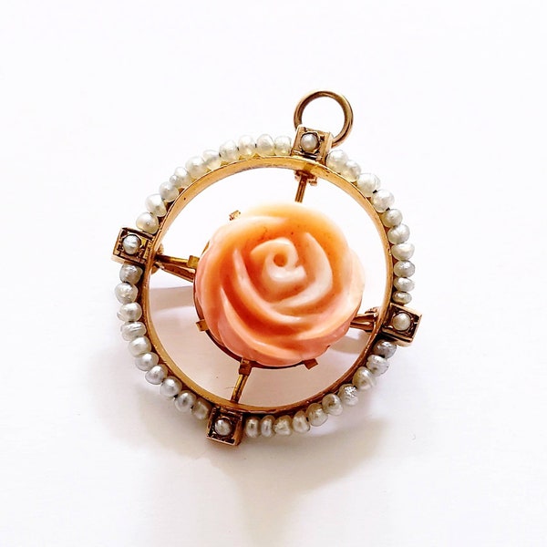 Coral rose & seed pearl pendant | Coral pendant | antique seed pearl pendant