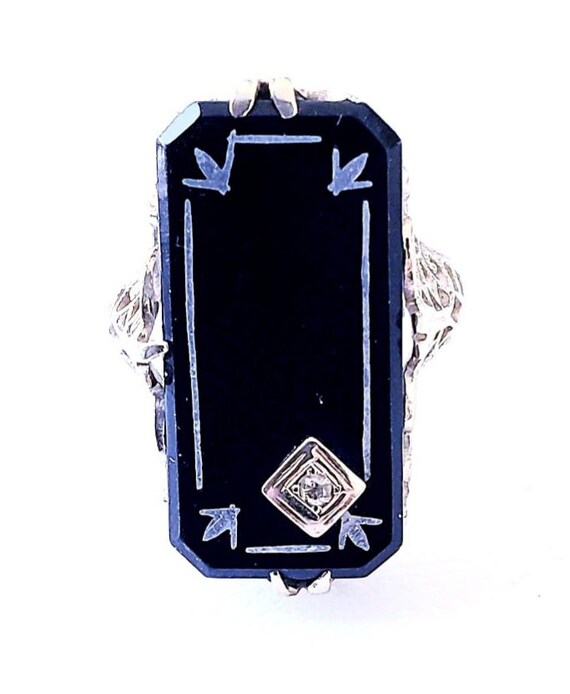 Art Deco onyx ring | 14k onyx diamond ring