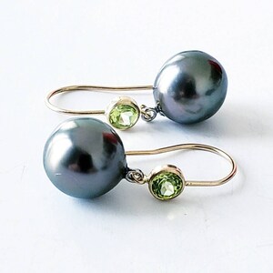 14k Tahitian pearl earrings | 14k peridot earrings | pearl earrings