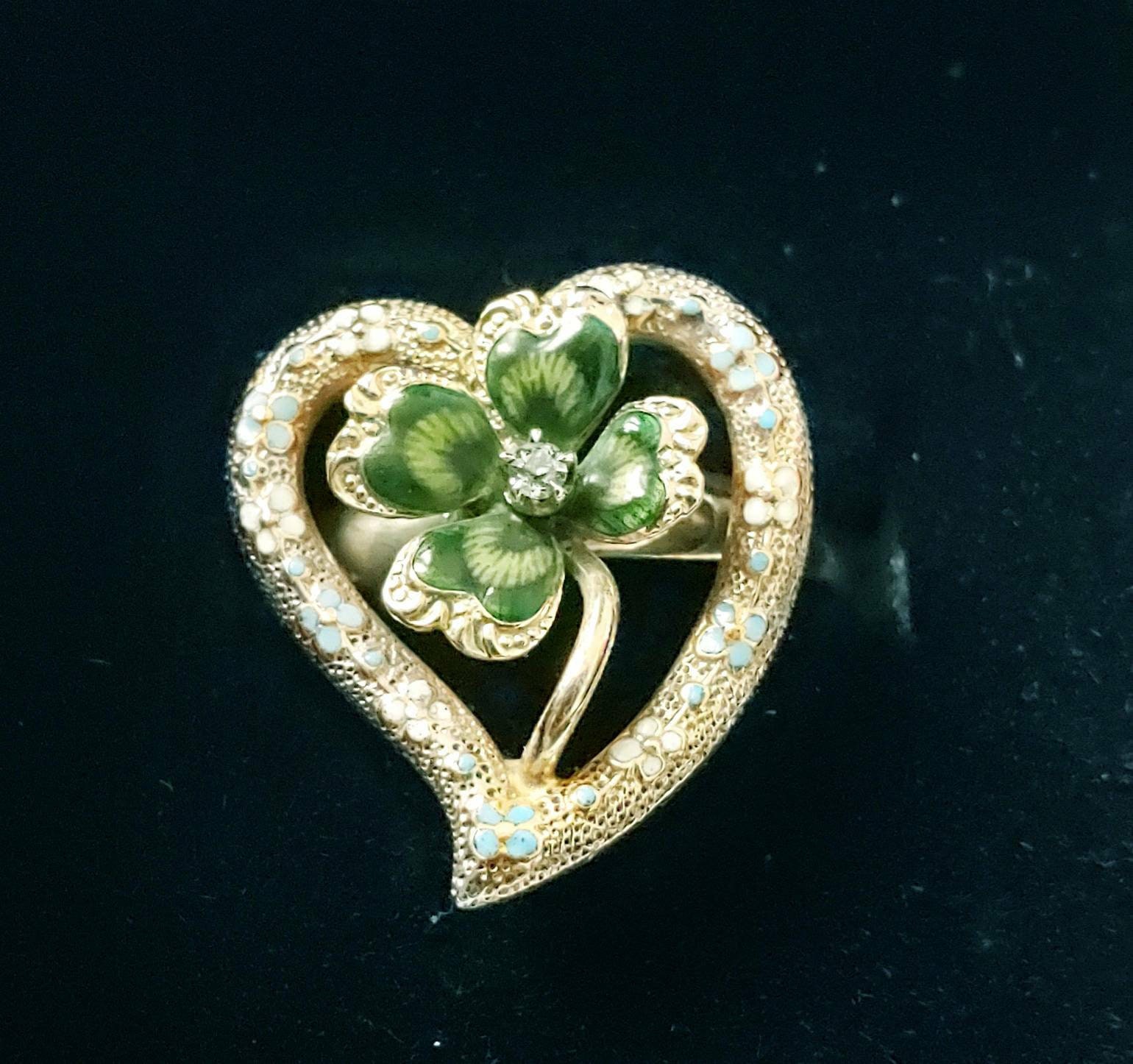 Victorian Diamond and Enamel Clover Ring Diamond Heart Ring | Etsy