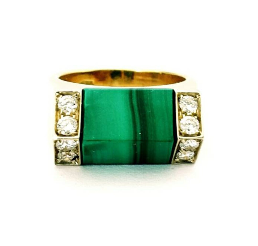 18k Malachite Diamond Ring Malachite Pyramid Ring 1970s Pyramid Diamond