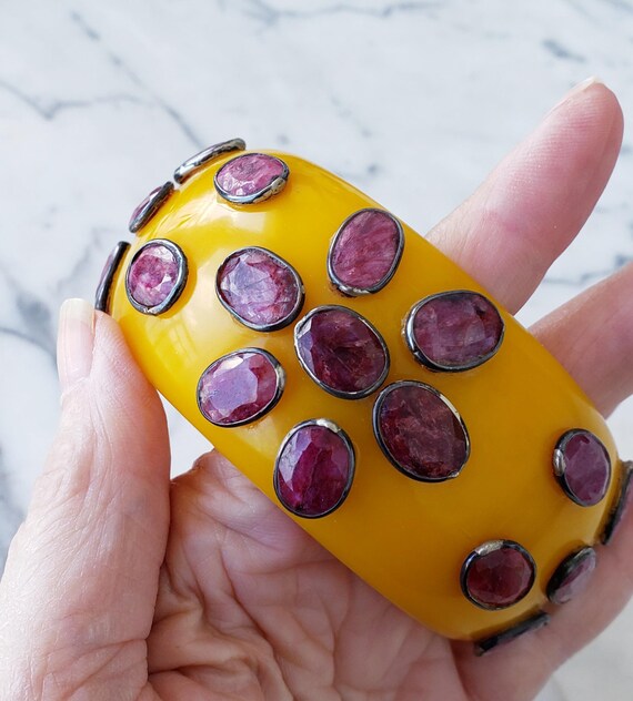 Butterscotch and Ruby bakelite bangle |  Bezel se… - image 2