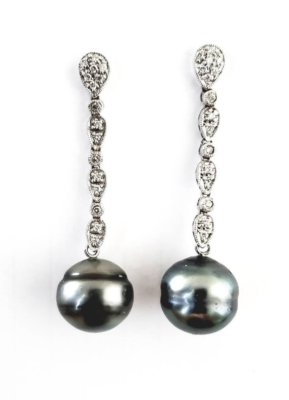 Diamond and Tahitian pearl earrings | 14k diamond 