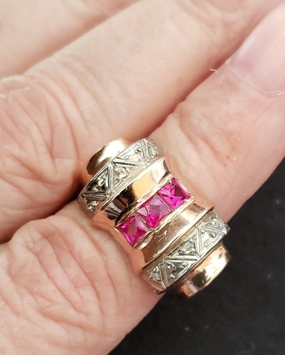 14k ruby diamond Art Deco  Ring | Art Deco Tank R… - image 2