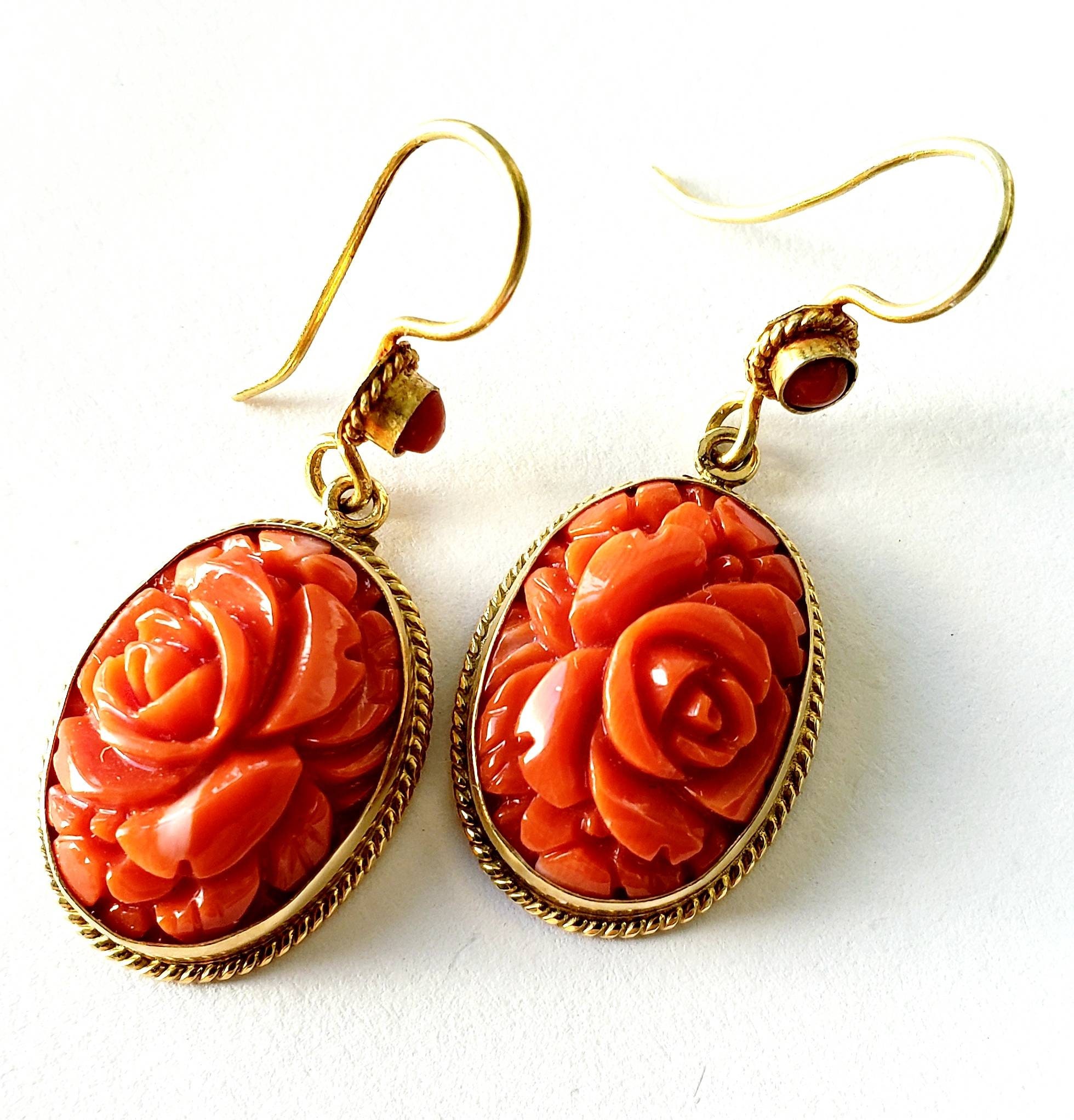 14k coral earrings 18k earrings carved coral rose Etsy
