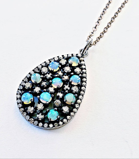 Opal pendant | diamond halo pendant | opal diamond