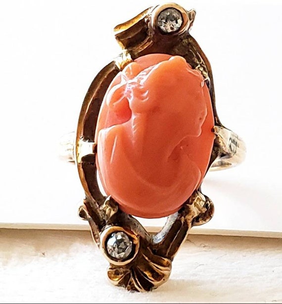 Victorian coral cameo ring | 14k rose cut diamond