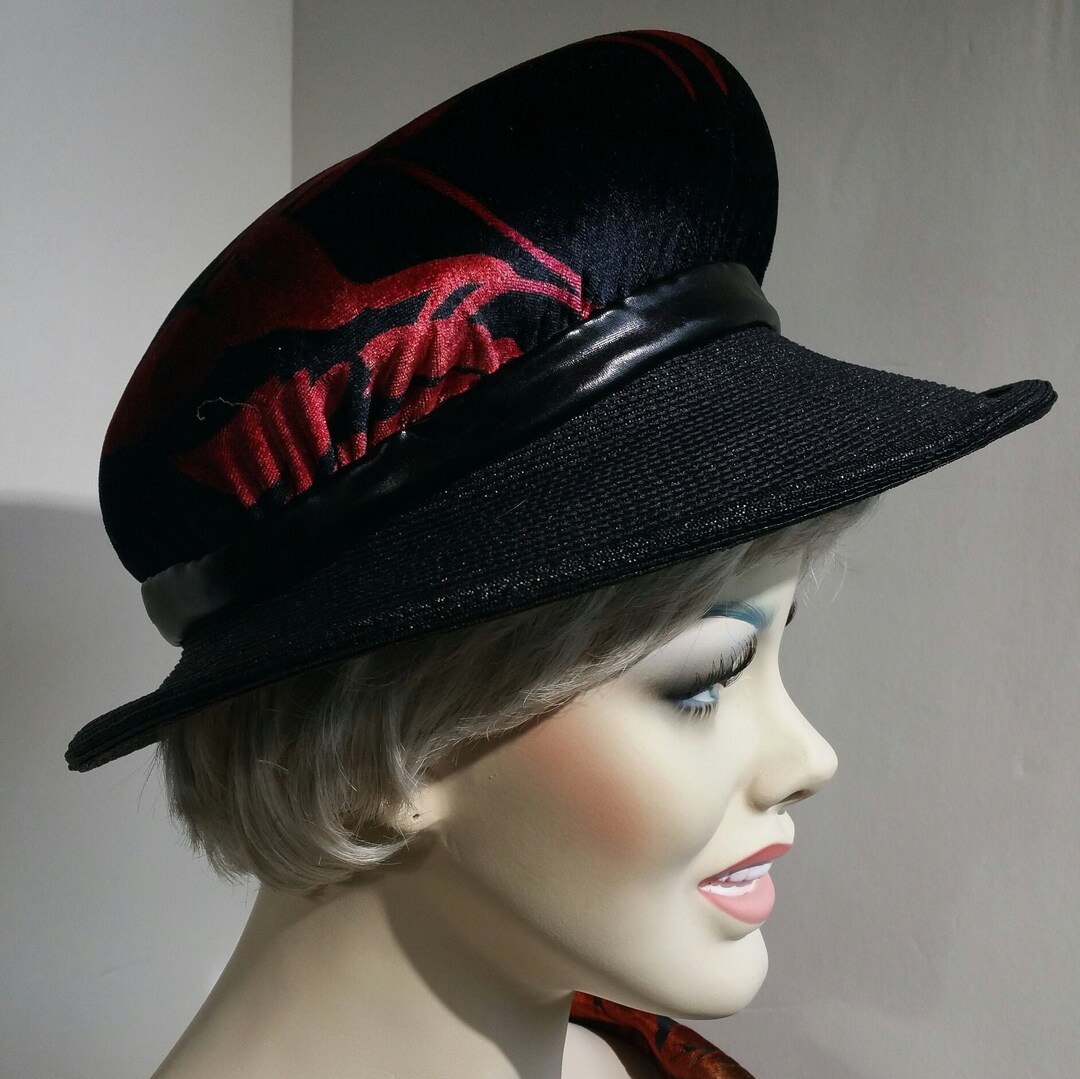 Women's Straw Hat Black and Red Velour Crown Free Etsy