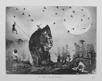 The Children and The Mandrill - original black and white art print from the series From the Woods, From the Air, From I don't know Where