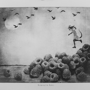 The Girl and The Berries - original black and white etching from the series " From the Woods, From the Air "