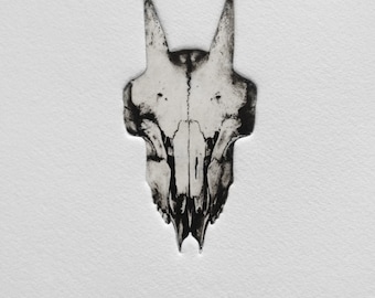 Deerskull - originele zwart-wit ets van de schedel van een hert