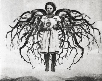 May include: A black and white photograph of a young girl with a halo of light above her head. She is wearing a white dress and holding a heart in her hands. She is surrounded by a large, intricate network of branches that appear to be growing from her back.