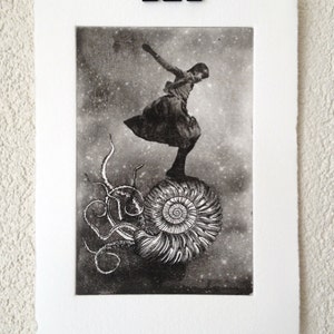 The Girl and The Shell original black and white art print from the series From the Woods, From the Air, From I don't know Where image 2