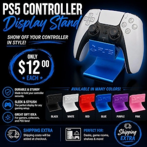 May include: A blue plastic display stand for a PS5 controller, featuring the PS5 logo embossed on the front. The stand is shown holding a white and black wireless controller. Additional stands are displayed in black, white, red, blue, purple, and pink.