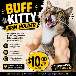 May include: A brown tabby cat wearing a beige plastic arm holder accessory with muscular biceps and clenched fists. The image features text including BUFF KITTY ARM HOLDER, $10.00 EACH, and various icons representing photography, colors, and 3D printing.