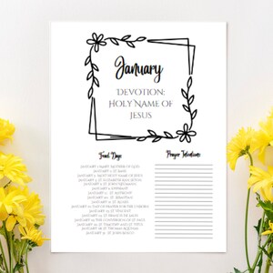 May include: Printable January calendar with a black and white floral border. The calendar features a devotional theme for the Holy Name of Jesus. The calendar includes a list of feast days and a space for prayer intentions.