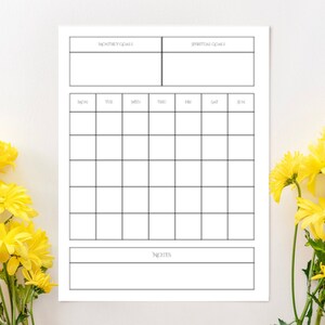 May include: A printable monthly planner with sections for monthly goals, spiritual goals, a weekly calendar grid, and a notes section.