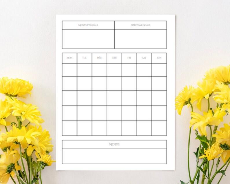 May include: A printable monthly planner with sections for monthly goals, spiritual goals, a weekly calendar grid, and a notes section.