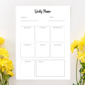 May include: A printable weekly planner with a simple design. The planner has spaces for each day of the week, Monday through Sunday, and a notes section.