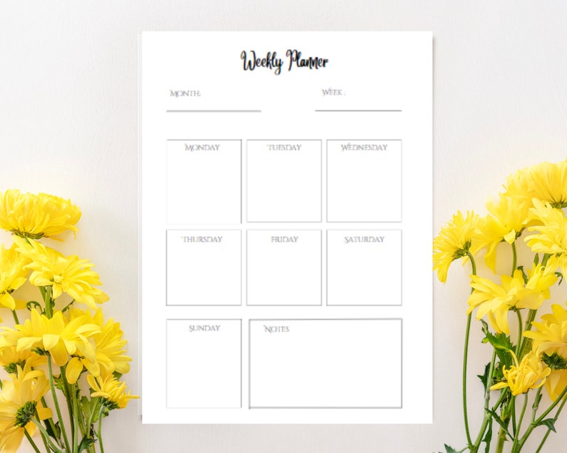 May include: A printable weekly planner with a simple design. The planner has spaces for each day of the week, Monday through Sunday, and a notes section.