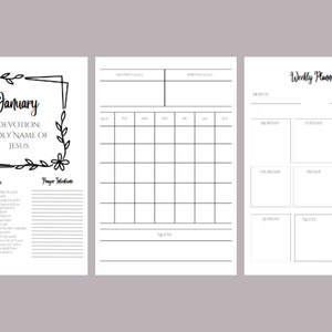 May include: Printable planner pages featuring a floral design and the text "January Devotion: Holy Name of Jesus". The pages include a daily devotional section, a prayer journal, a monthly calendar, and a weekly planner.