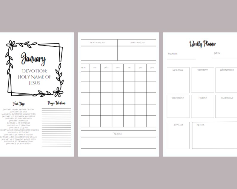 May include: Printable planner pages featuring a floral design and the text "January Devotion: Holy Name of Jesus". The pages include a daily devotional section, a prayer journal, a monthly calendar, and a weekly planner.