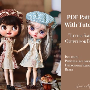 Sewing pattern for Blythe: "Little Sailor" set, princess line dress, detachable sailor collar, and beret with step-by-step tutorial