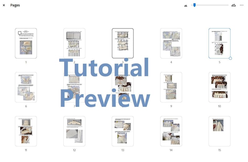 Pode incluir: Uma pr&eacute;-visualiza&ccedil;&atilde;o do tutorial que mostra 15 p&aacute;ginas de instru&ccedil;&otilde;es para um projeto de croch&ecirc;. As p&aacute;ginas s&atilde;o numeradas de 1 a 15 e mostram as diferentes etapas do projeto.