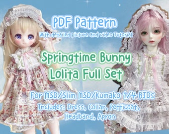 Pode incluir: Padrão PDF para um traje lolita de coelhinha da primavera. O padrão inclui um vestido, uma gola, uma saia, uma faixa de cabeça e um avental. O padrão é para bonecas MSD/Slim MSD/Kumako 1/4 BJDS.