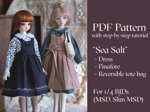 PDF pattern for MSD/Slim MSD 1/4 Bjd. Beginner-friendly dress, pinafore and reversible tote bag with detailed tutorial: Sea Salt