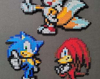 Sonic, Tails, and Knuckles trio pixel bead sprites