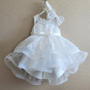 2-Piece Lace Christening Gown with Train & Headband: Baptism Dress