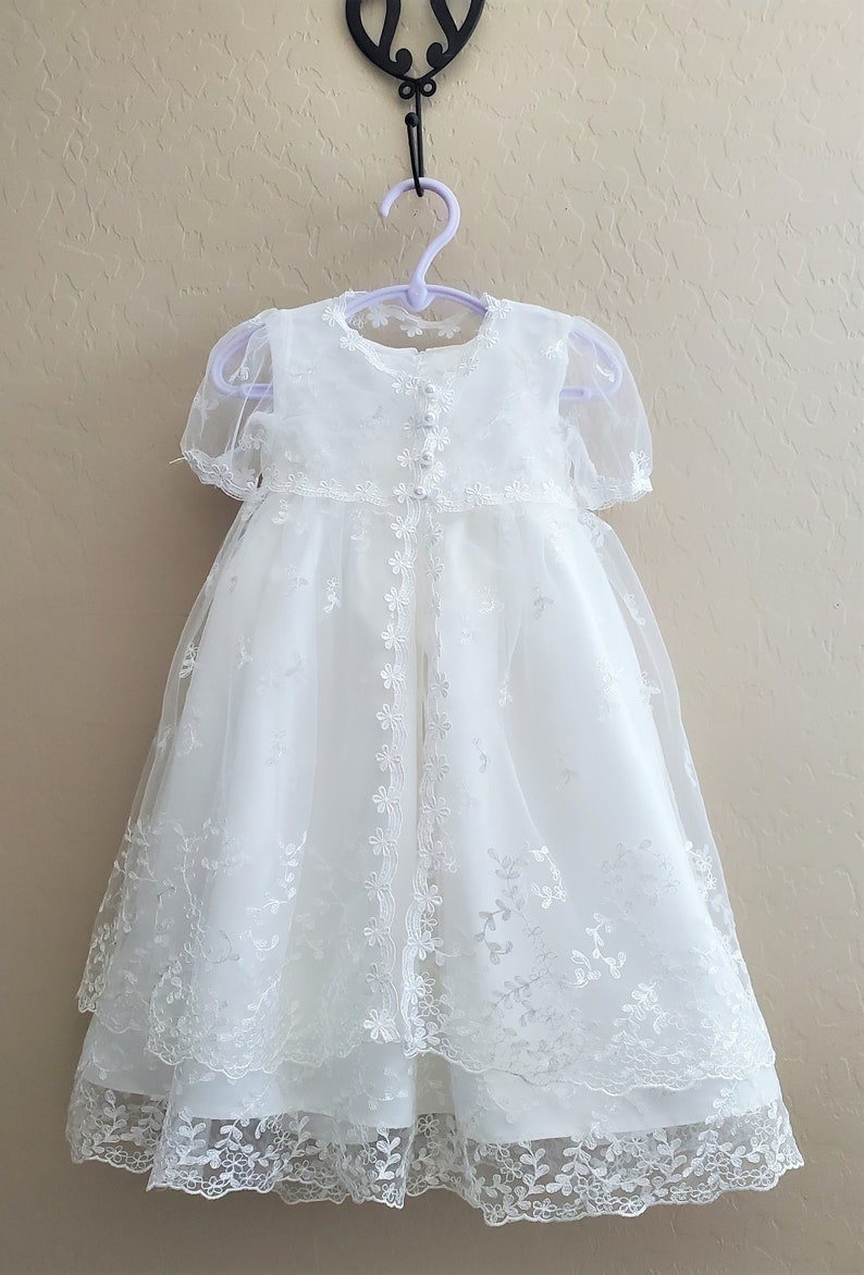 Four Piece Set White Lace Baptism Gown Dress with Matching Bonnet and Headband, Lace Christening Dress, Baby Girl Christening Gown Dress image 4