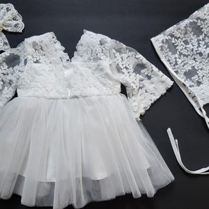 Lace Christening Gown: 3-Piece Baptism Dress, Bonnet & Headband Set