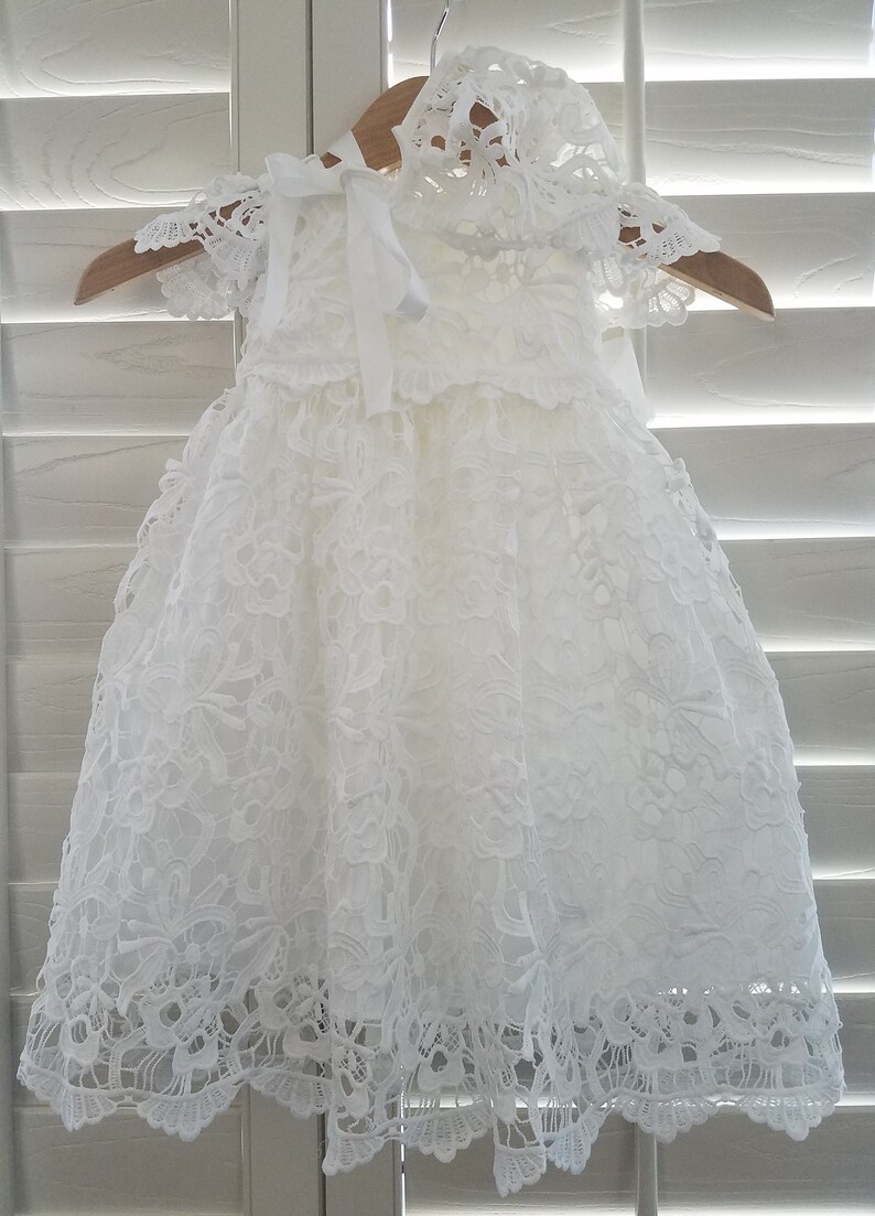 Beaded Embroidery Baby Christening Lace Gown Bow Baptism Dress with Coat Bonnet