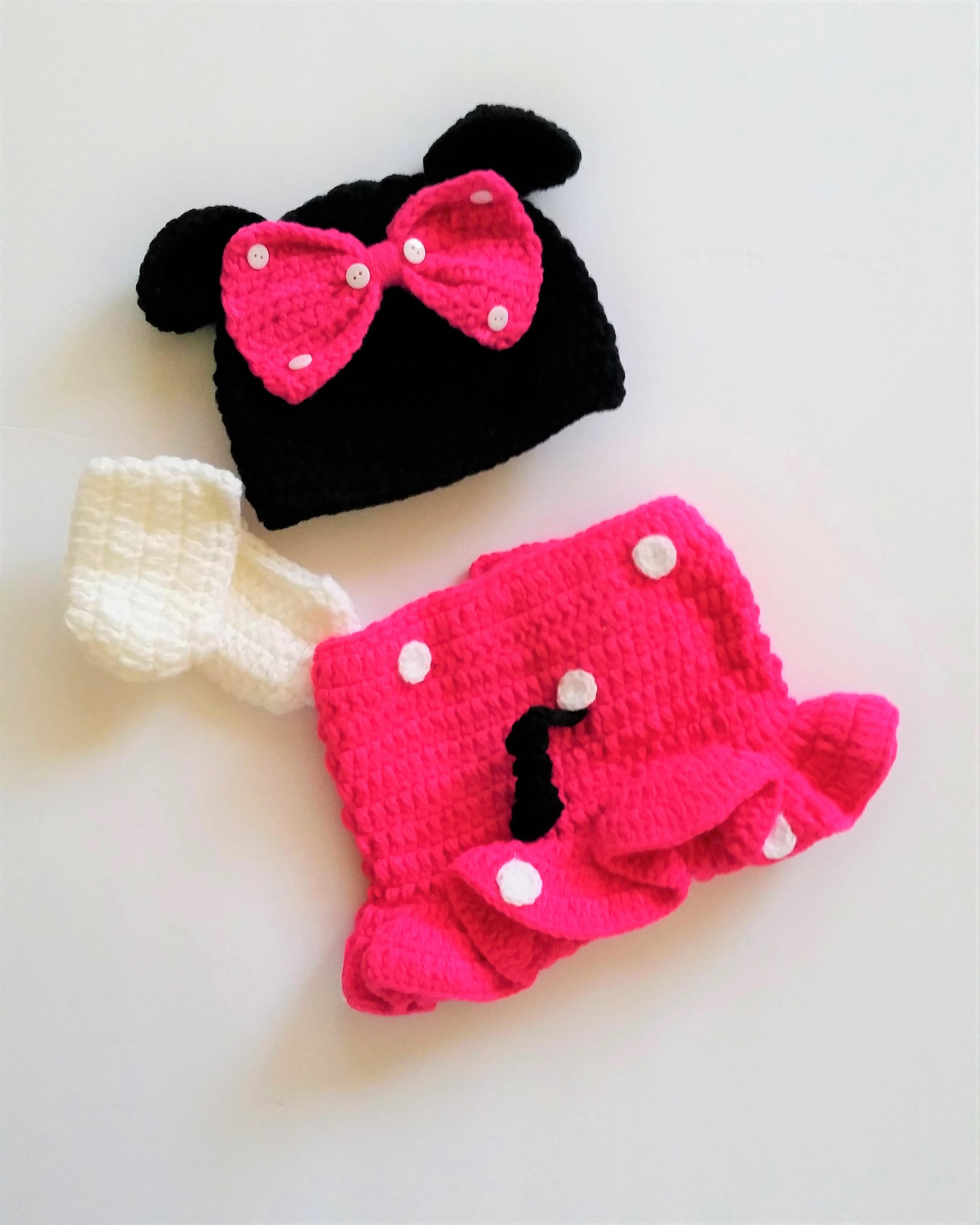 4-Piece Crochet Minnie Mouse Baby Costume: Newborn Photo Prop Outfit