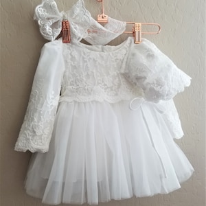 3-Piece Lace Christening Dress Set: Long Sleeve Baptism Gown, Bonnet & Headband