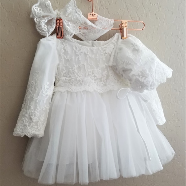 3 Pcs Set Long Sleeve Dress, Bonnet and Headband,Baptism Dress,Christening Dress,Communion Dress,Wedding Dress,Flower Girl Dress,White Dress
