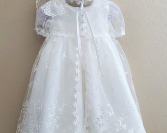 Four Piece Set White Lace Baptism Gown Dress with Matching Bonnet and Headband, Lace Christening Dress, Baby Girl Christening Gown Dress