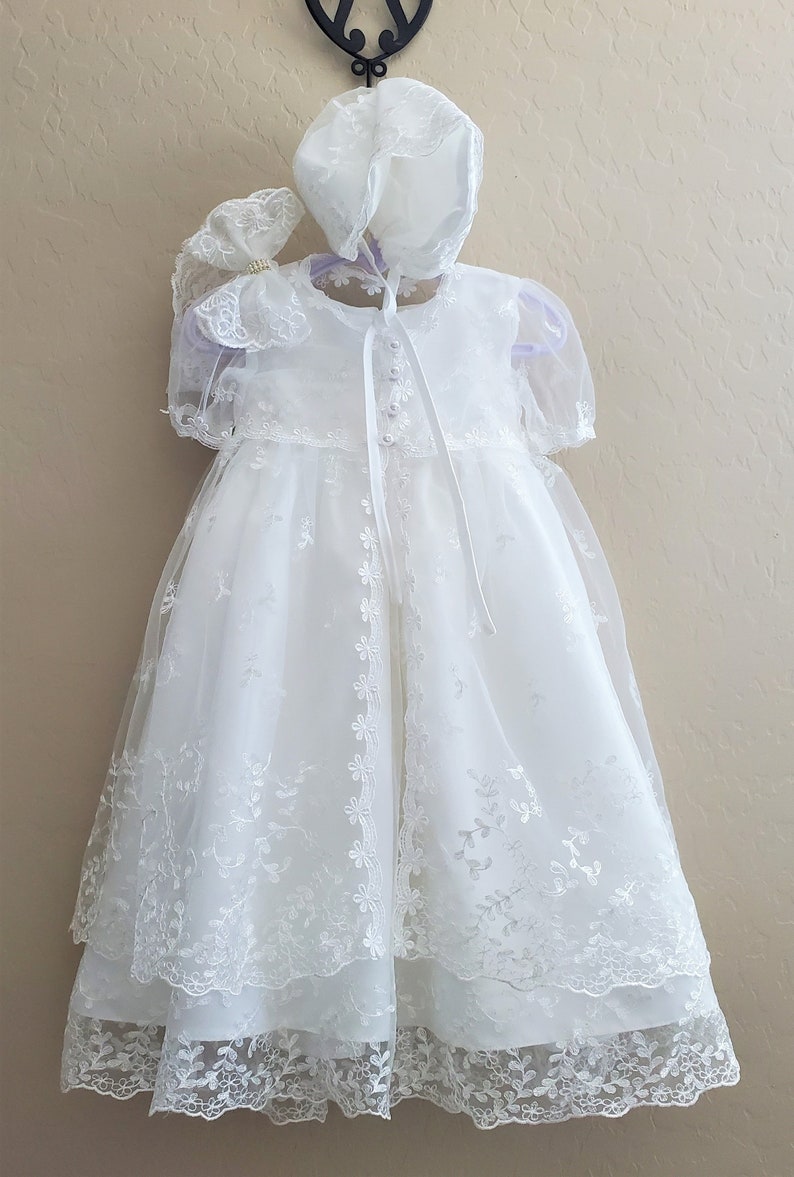 Four Piece Set White Lace Baptism Gown Dress with Matching Bonnet and Headband, Lace Christening Dress, Baby Girl Christening Gown Dress image 1