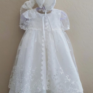 Four Piece Set Off White Lace Baptism Gown Dress with Matching Bonnet and Headband, Lace Christening Dress, Baby Girl Christening Gown Dress