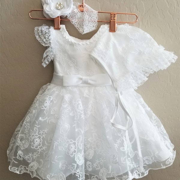 3 PCs Dress, Bonnet & Headband, Baptism Dress,Christening Dress, Baptism Gown,Wedding Gown, Flower Girl Dresse, Tutu Dress, Christening Gown