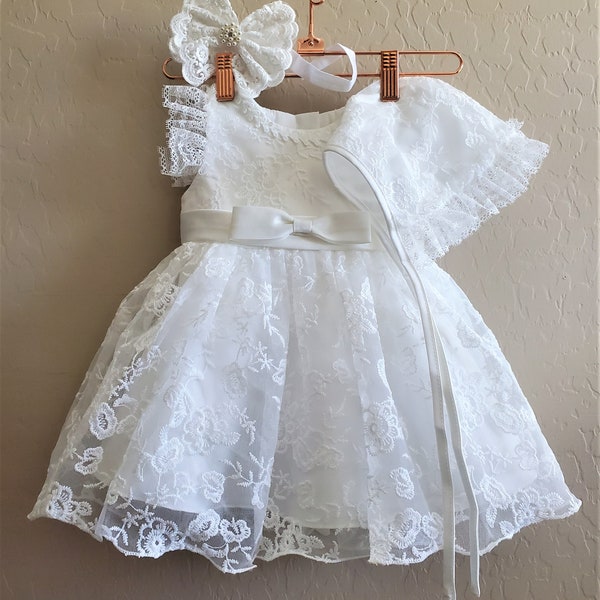 Tree Piece Set Baptism Gown Dress, Christening Dress, Baptism Gown, Wedding Gown, Flower Girl Dress, Tutu Dress, Christening Gown