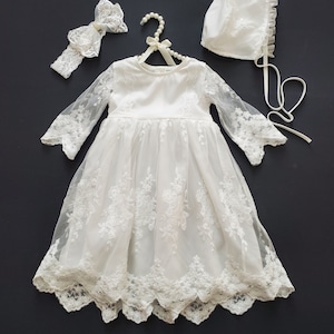 3-Piece Lace Christening Dress Set: Long Sleeve Baptism Gown, Bonnet & Headband