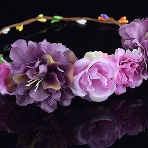 Rustic Flower Crown: Lilac & Pink Silk Roses, Boho Wedding Headpiece