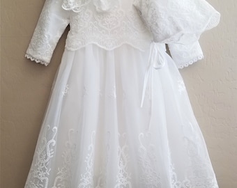 3 PC Set Long Sleeve Dress,Bonnet and Headband,Baptism Dress,Christening Dress,Communion Dress,Wedding Dress,Baby Girl Dress,Off White Dress