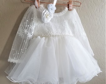 Two Piece Set Dress & Headband, Baptism Dress,Christening Dress,Wedding Dress,Baptism Gown,Wedding Gown, Flower Girl Dress, Christening Gown