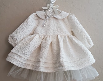 2-Piece Ivory Christening Dress with Headband: Long Sleeve Flower Girl Dress
