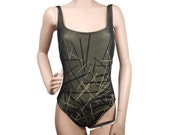 90s Gideon Oberson Sexy One Piece Swimsuit Black Sheer Flesh Color Lining Abstract Design