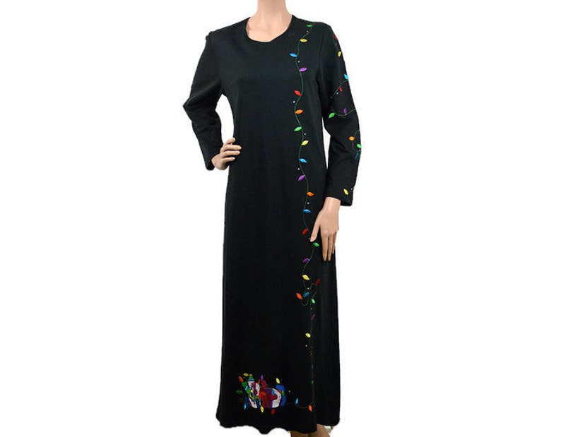 Vintage Ugly Tacky Christmas Maxi Dress Strings of Light and Rhinestones Sweater Party